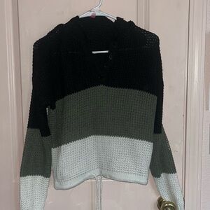 No Boundaries Black, Green, and White V-Neck Sweater